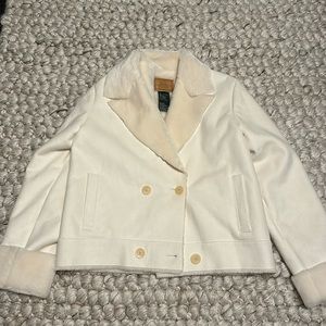 Lauren winter white cropped jacket with white fur trim.